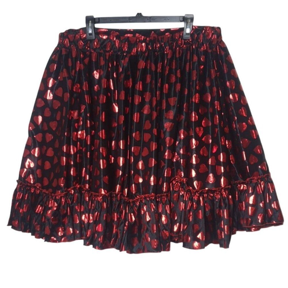 Women's Full Skater Skirt Xl Shiny Red Heart Print Ruffle Hem Elastic Whimsy